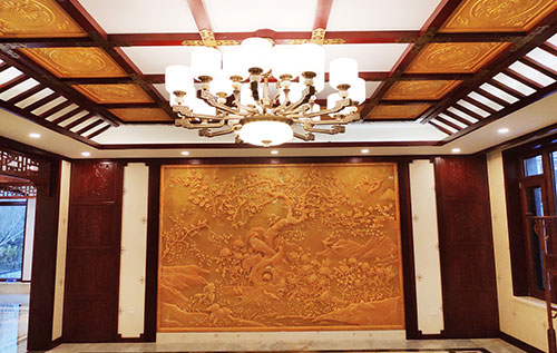 东坑镇中式别墅客厅中式木作横梁吊顶装饰展示